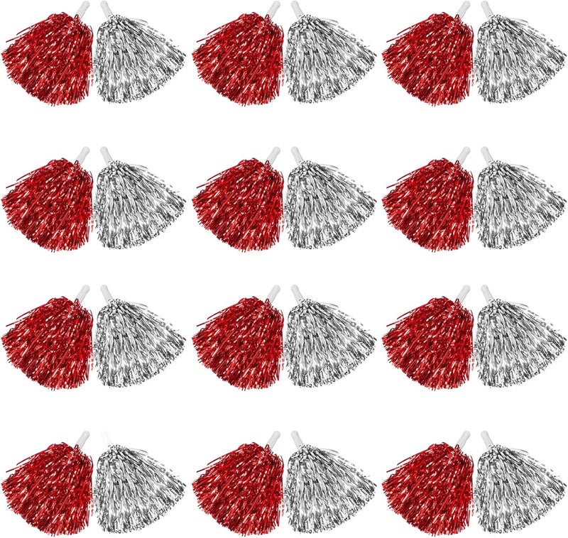 DILIBRA 24 Pcs Metallic Cheerleading Pom Poms for Kids, Cheerleaders Cheer Pom Poms with Baton Handle, Cheering Squad Hand Flower for Adults Team Spirit Sports Game Dancing Party - Image 1